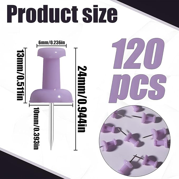 VAPKER Push Pins Tacks 120Pcs Solid Light Purple Thumb Tacks Larger Size Pin - Image 2