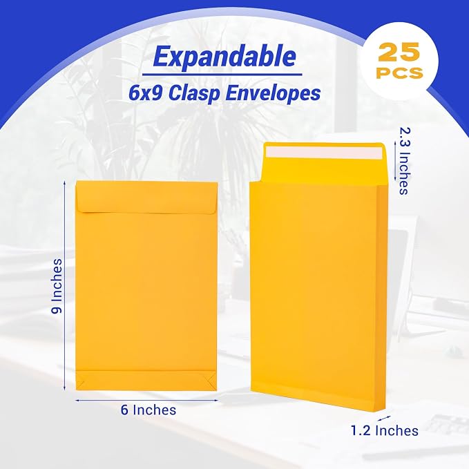 6x9 Expanding Manilla Envelopes Self Seal, 25 Pack Goefun Small Yellow Mailing - Image 2