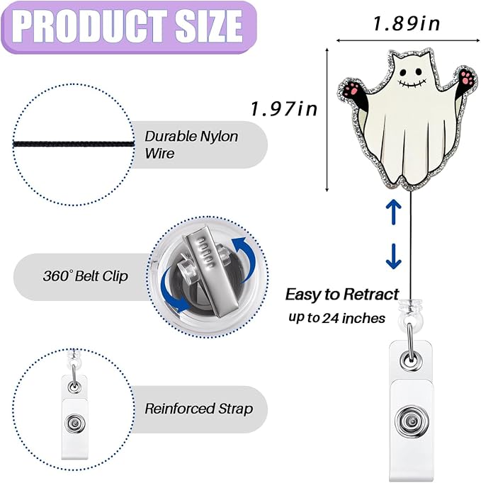 Funny Ghost Cat Halloween Badge Reel Retractable - Image 2