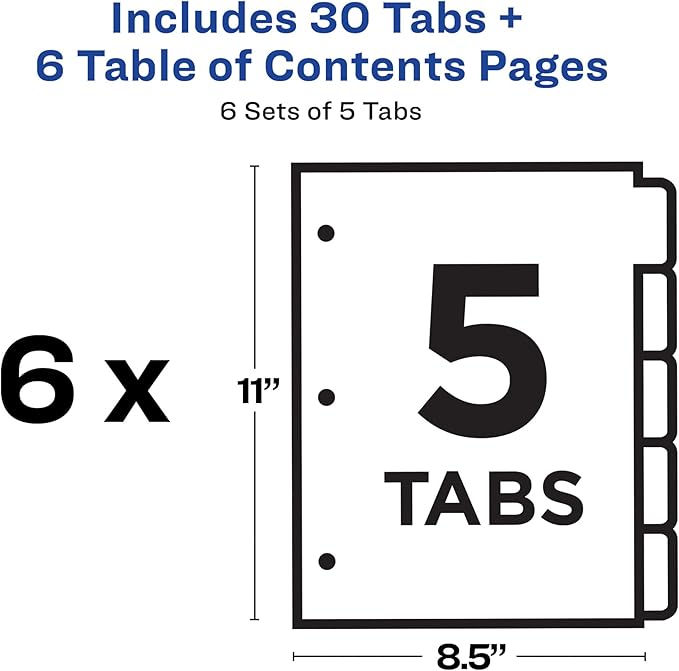Avery 5 Tab Dividers for 3 Ring Binders, Customizable Table of Contents - Image 4
