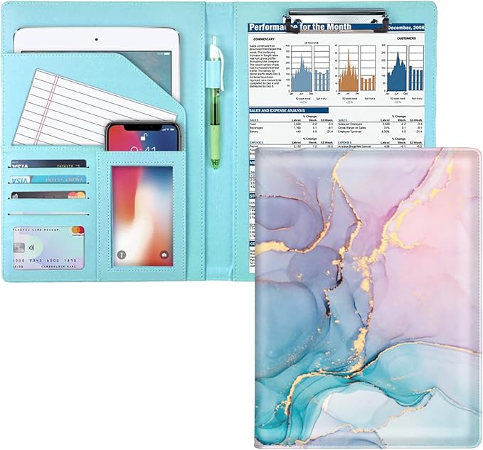 Padfolio Clipboard Folder Portfolio, Marble Leather Storage Clipboard by WAVEYU