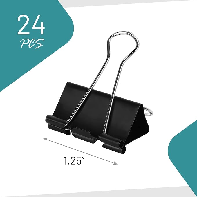 Binder Clips - 24 Medium Binder Clips, 1.25 Inch Black Paper Clamps, File Clip - Image 3