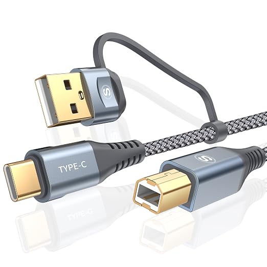 Printer Cable 2-in-1 USB-A/C to USB-B Cord 6.6FT, Type C MIDI Cable Braided by Sweguard