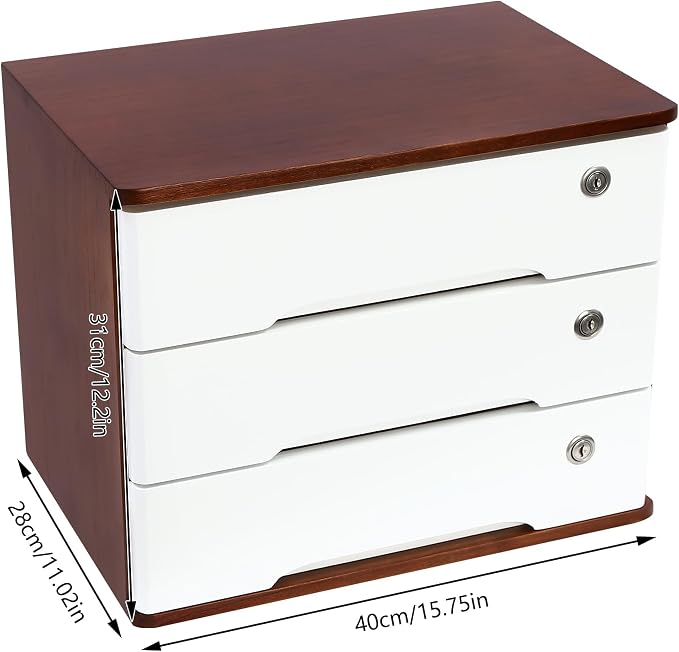 Lockable Desk Organizer Wooden Desktop Drawers Office Flat Files Storage Box - Image 3