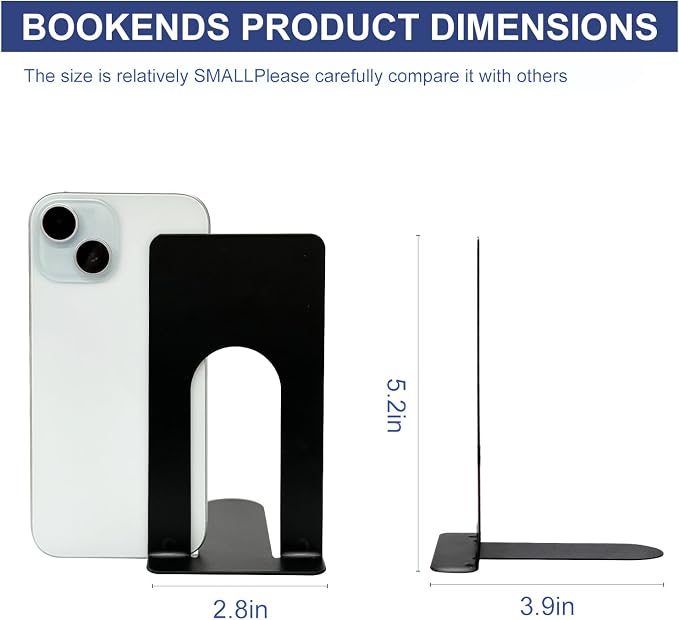 Book Ends for Shelves, 4 Pack Metal Bookends, Compact Book Stopper for Small - Image 2