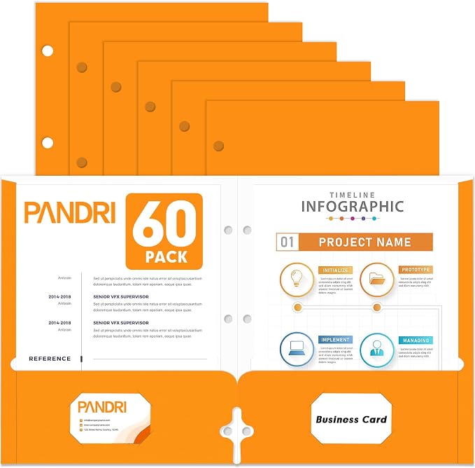 Two Pocket Portfolio Folders, PANDRI 60 Pack 3 Hole Punched 2 Pocket Folders by PANDRI