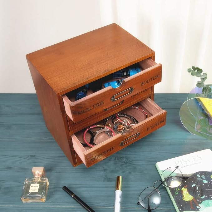 Wooden Storage Box with 4 Drawers Vintage Office Supplies and Accessories - Image 4