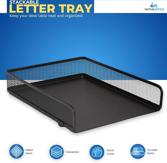 1InTheOffice Stackable Letter Tray, Matte Black Wire Mesh Front-Load Letter Tray - Image 2