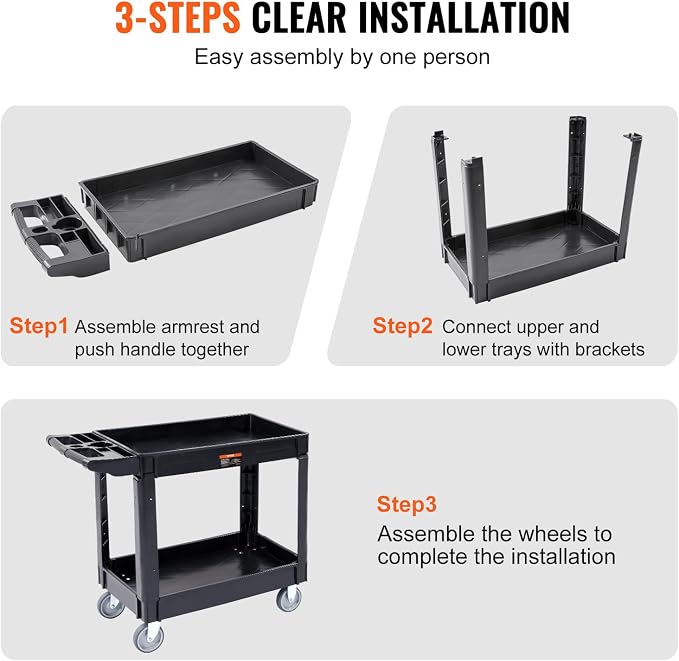 VEVOR Utility Service Cart, 2 Shelf 550LBS Heavy Duty Plastic Rolling Utility - Image 6