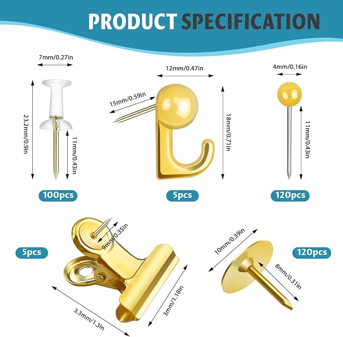 350 Pcs Gold Push Pins Set 5 Styles Decorative Thumb Tacks Assorted Push Pins - Image 2