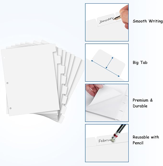 Binder Dividers for 3 Ring Binder, 1/8 Cut Tabs, Letter Size, Blank Write On - Image 4
