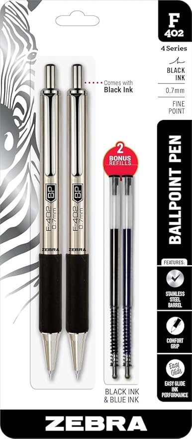 Zebra Pen, STEEL F-402 Retractable Ballpoint Pens, 0.7mm Fine Point, Stainless by ZebraPen