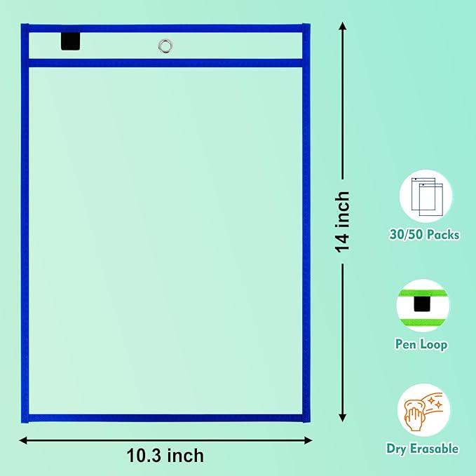 50 Packs Dry Erase Pocket Sleeves, Reusable Clear Plastic Classroom Sleeves - Image 4
