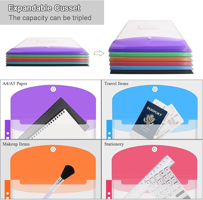 Clear Plastic Document Envelopes, 12 Pack, 6 Colors, Button Closure, - Image 7