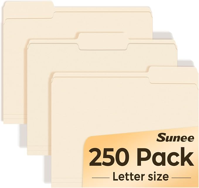 SUNEE Manilla Folders Letter Size, 250 Per Box, 1/3 Cut Tab by SUNEE