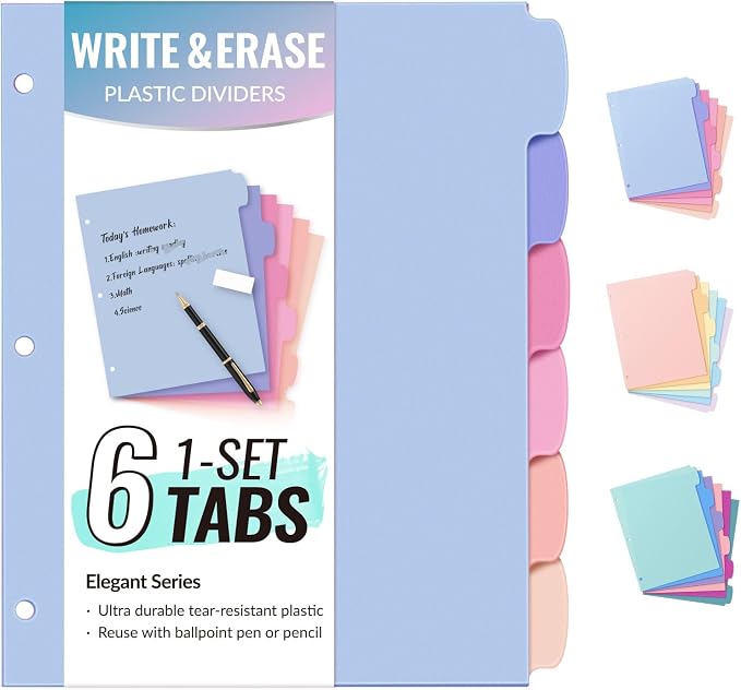 Sooez 6-Tab Durable Plastic Write & Erase Big Tab Dividers by Sooez