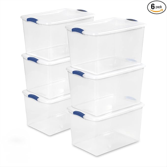 66 Qt Storage Bins 6-Pack, Secure Blue Latches, Recessed Stacking, 66Qt Capacity by Unknown
