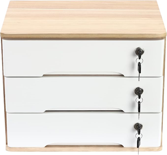 Lockable Desk Organizer Wooden Desktop Drawers Office Flat Files Storage Box - Image 6