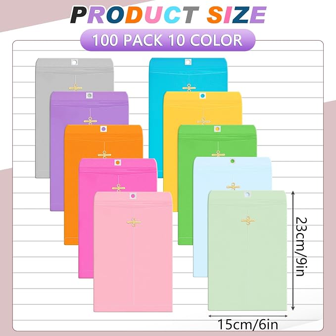 Geyee 100 Pcs Clasp Manilla Envelopes 6 x 9 Inch Gummed Colored Envelopes - Image 2