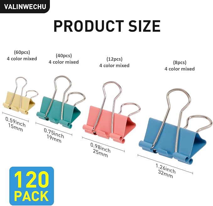 Colored Binder Clips Assorted Sizes, 4 Sizes - Image 3