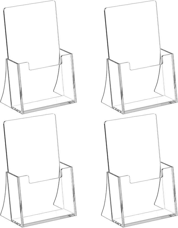 Acrylic Brochure Holder 4 Inch, 4 Pack Clear Brochure Display Stand, Plastic by SUNQEBO