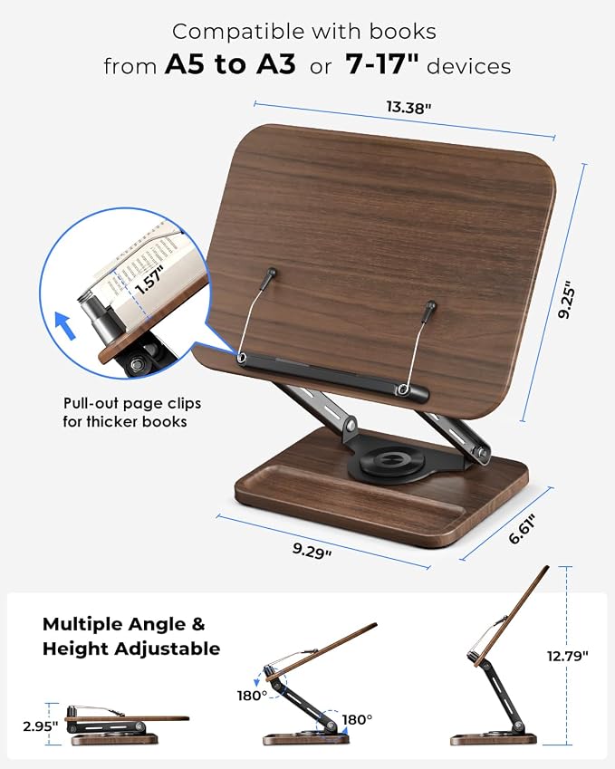 Viozon Book Stand for Reading, Book Holder 360° Rotating Base - Image 3