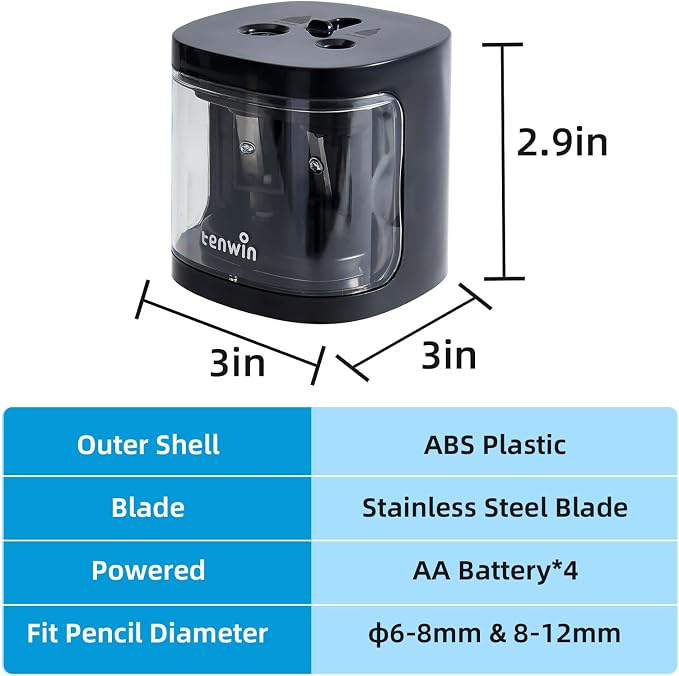 tenwin Electric Pencil Sharpener, Dual Hole Pencil Sharpeners Battery Powered - Image 6