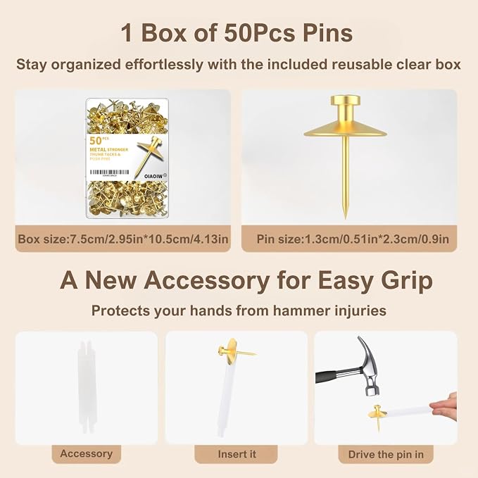 50pcs Gold Thumb Tacks for Picture Hangers - Image 2