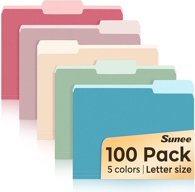 SUNEE File Folders Letter Size Retro Colors, 100 Pack Folders by SUNEE