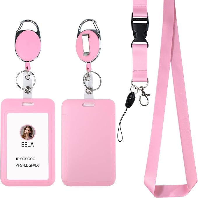 Pink ID Badge Holder with Lanyard, Retractable Badge Holders Reels and Lanyards by happyhbt