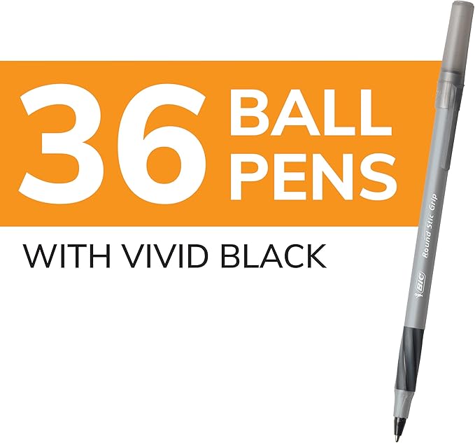 BIC Round Stic Grip Xtra Comfort Black Ballpoint Pens, Medium Point, 36-Count - Image 2