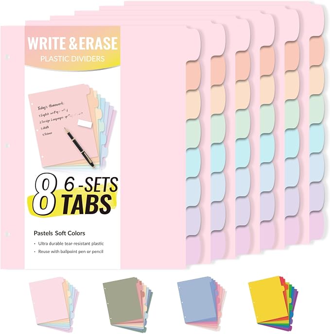Sooez 8 Tabs Long-Lasting Plastic Write & Erase Large Tabs Dividers by Sooez