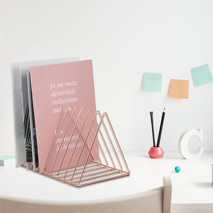 EASEPRES Rose Gold Magazine Holder, Desktop File Sorter Organizer Triangle 9 - Image 2