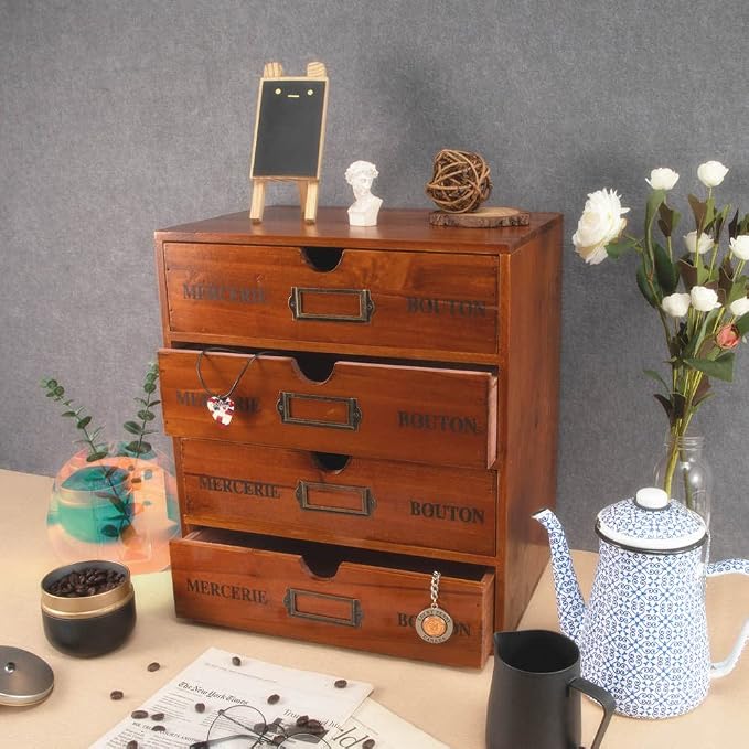 Wooden Storage Box with Drawers Vintage Office Supplies and Accessories Letter - Image 5