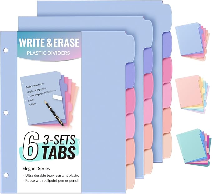 Sooez 6-Tab Durable Plastic Write & Erase Big Tab Dividers by Sooez