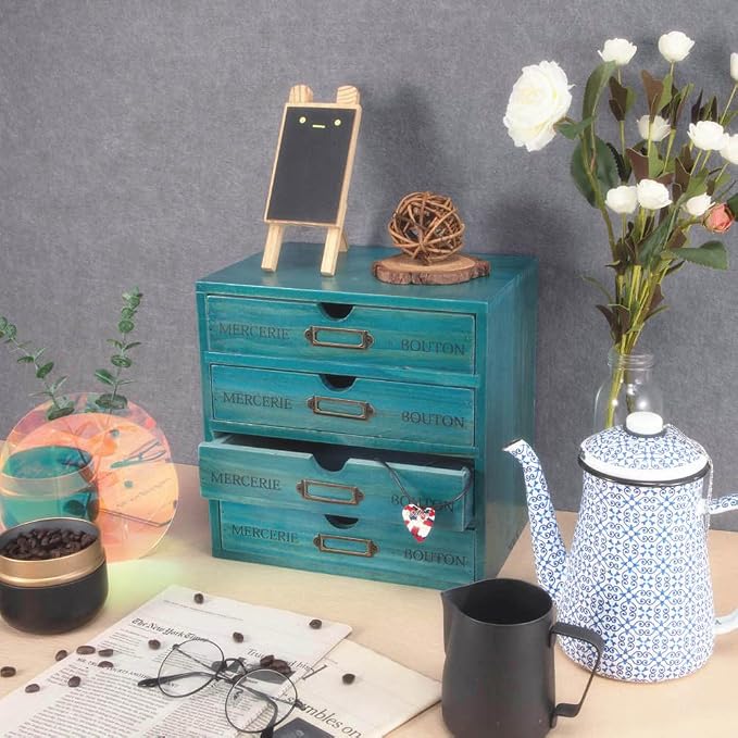 Wooden Storage Box with 4 Drawers Vintage Office Supplies and Accessories - Image 5