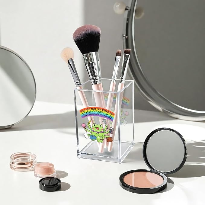 You Are Not Superhuman Acrylic Cosmetic Pencil Pen Holder Cup, Boho Cute Frog - Image 3