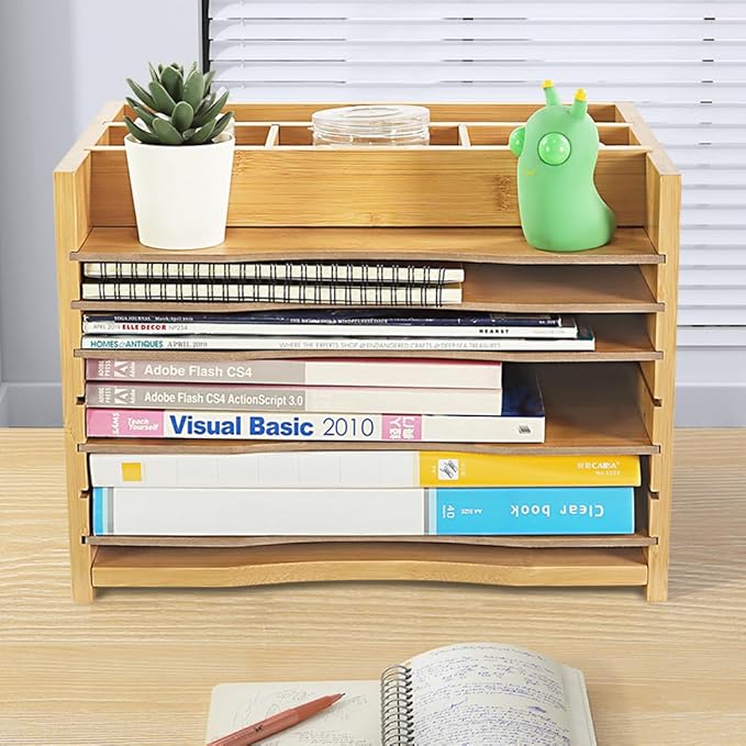 WKWKER 5-Tiers Bamboo File Organizer Paper Organizer Mail Sorter Document - Image 2