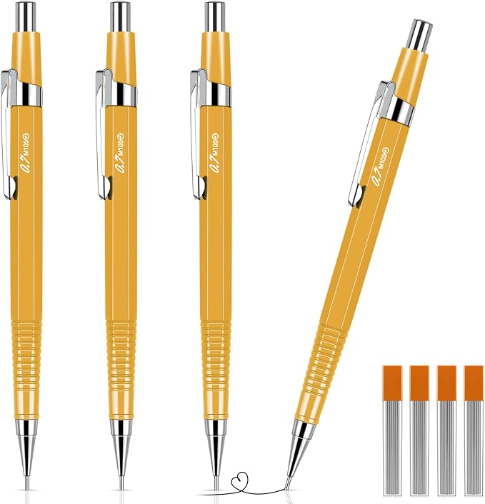 Outus 4 Pack Yellow Metal Mechanical Pencils, 0.9 mm Leads by Outus