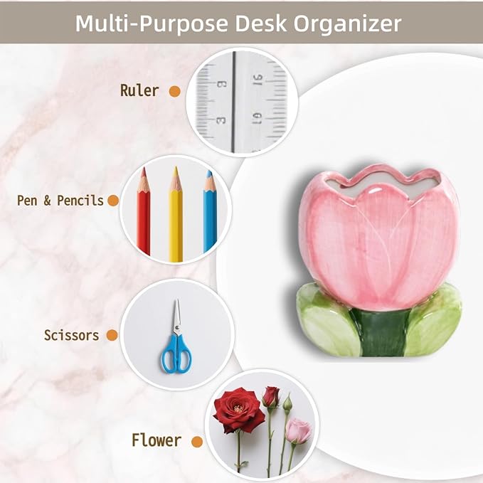 Pink Pencil Holder, Ceramic Tulip Pen Holder, Aesthetic Office Vanity Kitchen - Image 5