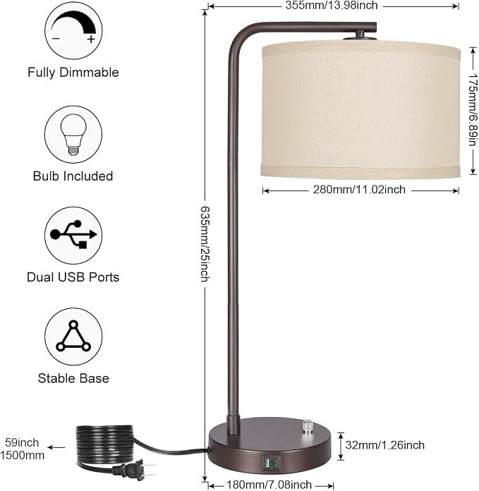 25" Tall Table Lamp with USB C+A Ports, Fully Stepless Dimmable Modern - Image 3