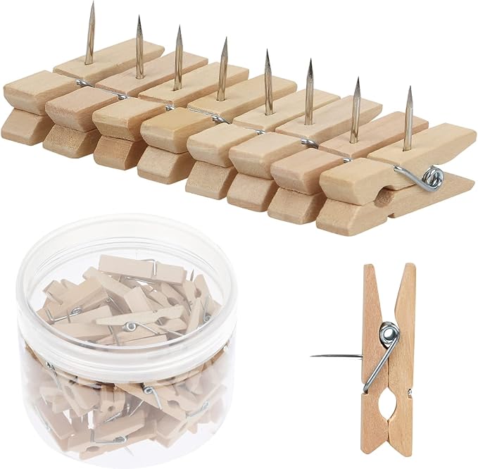 50 PCS Push Pin with Wooden Clips, Durable Wooden Push Pins, Decorative by Joyberg
