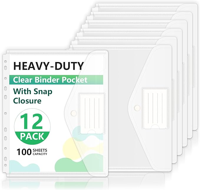 HOUYEE 12 Pack Clear Binder Pocket, 11 Holes Heavy-Duty Plastic Binder Pouch by HOUYEE