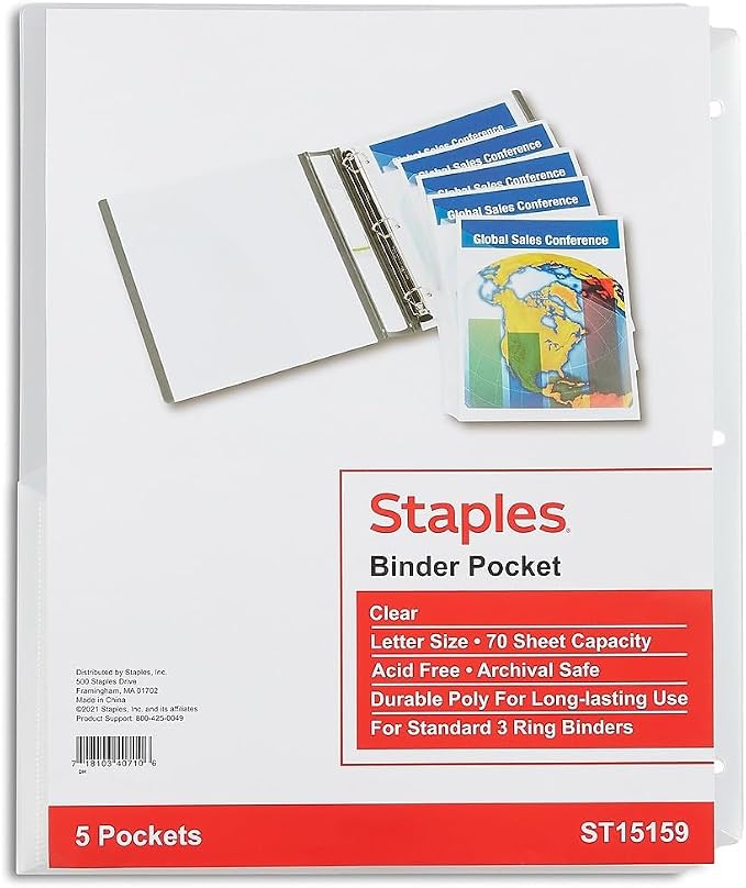 Staples Poly Binder Pocket, 3‑Hole Punched – 5/Pack by Staples