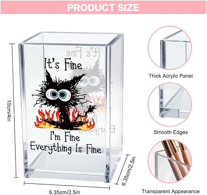 It's Fine I'm Fine Acrylic Cosmetic Pencil Pen Holder Cup, Funny Black Cat Pen - Image 2