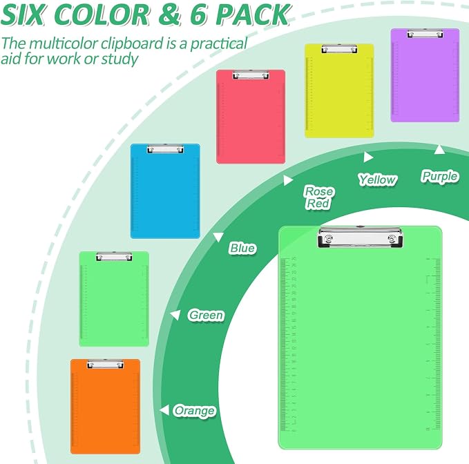 Plastic Clipboards, PANDRI 6 Pack Clear Colored Clipboards, Low Profile Clip - Image 3