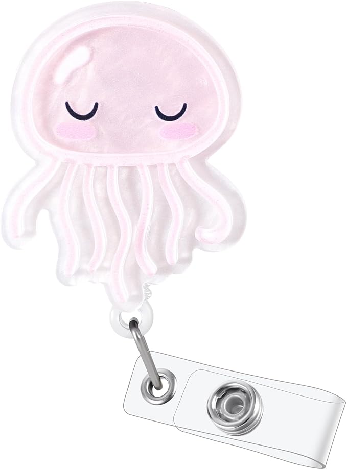 Cute Pink Jellyfish Badge Reel, Pediatric Retractable ID Card Badge Holder by BEZTN