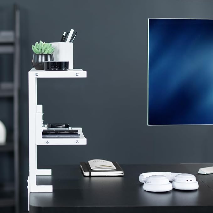 VIVO White Clamp-on 13 inch 2-Tier Desk Shelf, STAND-SHELF2CW | Above or Below - Image 8