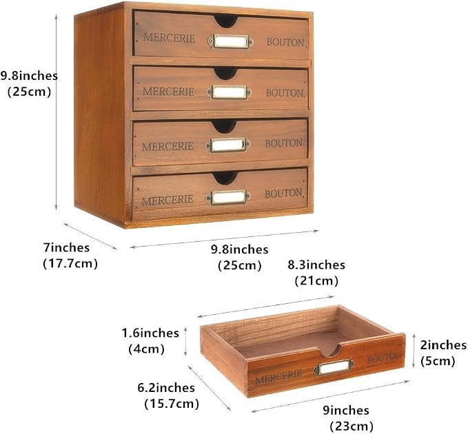 Wooden Storage Box with 4 Drawers Vintage Office Supplies and Accessories - Image 3
