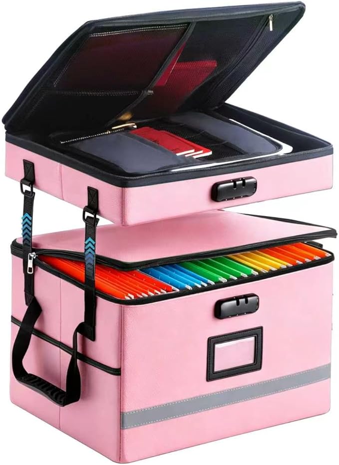 EXLIFBAG 2 Layer File Box with Lock, Portable Document Organizer Box with Handle by EXLIFBAG